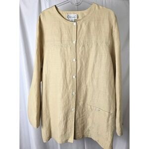 Silk Land Linen Embroidered Women Top Size Medium Natural Coastal Button Up Boho
